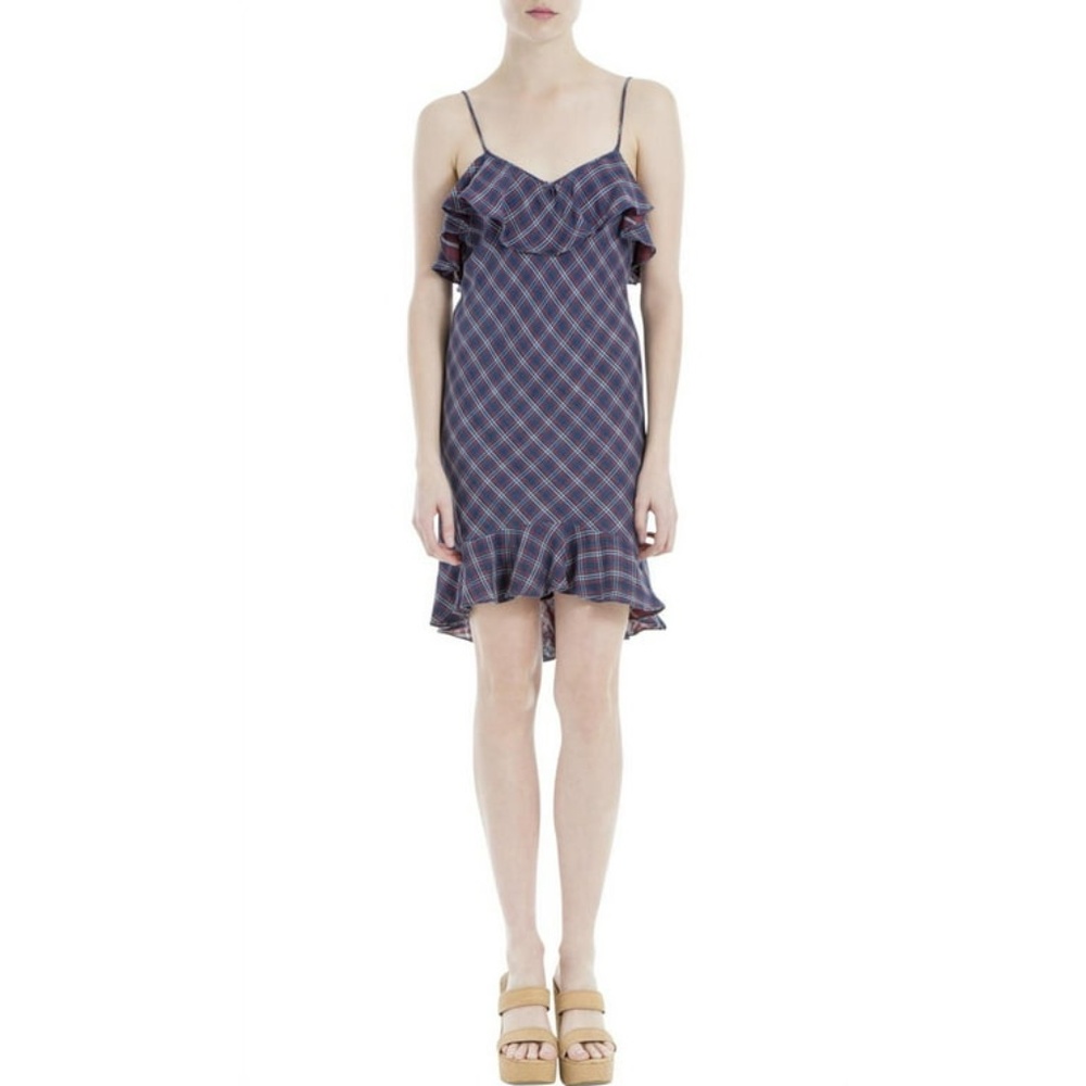 Max Studio London Plaid Blue and Red Flounce Dress XS NWOT